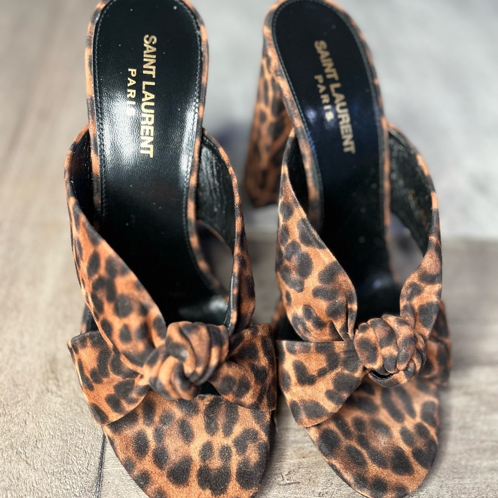 Saint Laurent Bianca Leopard Print Suede Heeled Mules